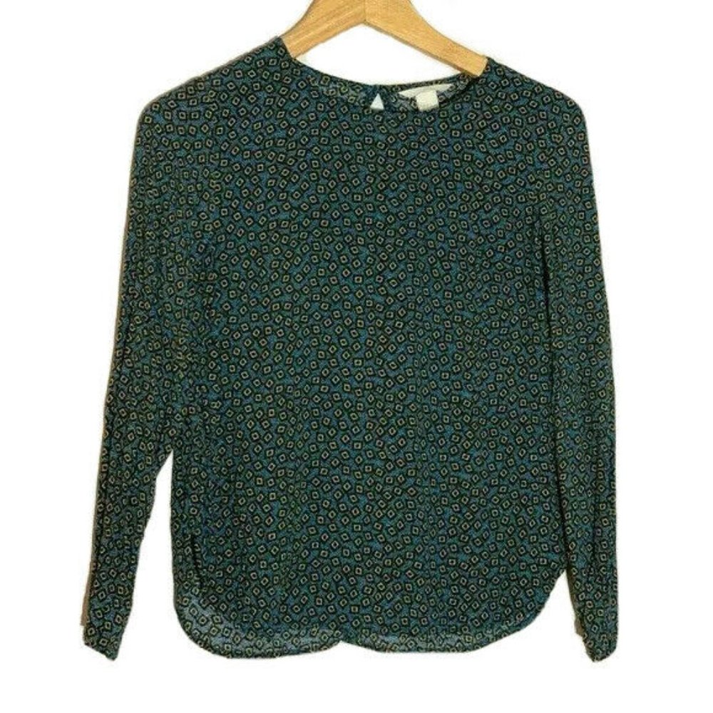 H&M Teal Geometric Pattern Long-Sleeve Blouse